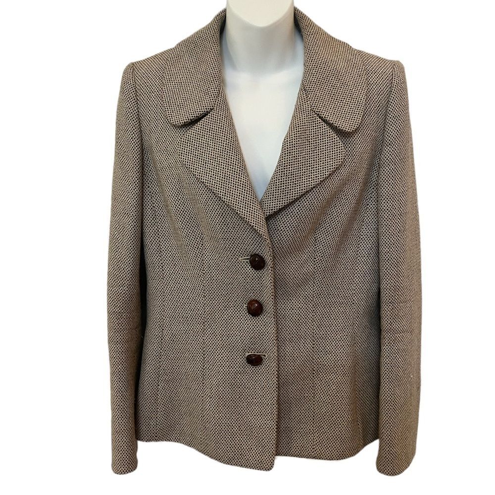 Ellen Tracy 97% wool blazer jacket brown beige tweed pattern size 6
